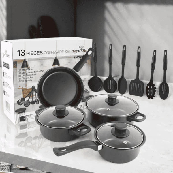 Set de 13 Piezas | 3 Ollas + 1 Sartén Antiadherentes + Utensilios 🔥