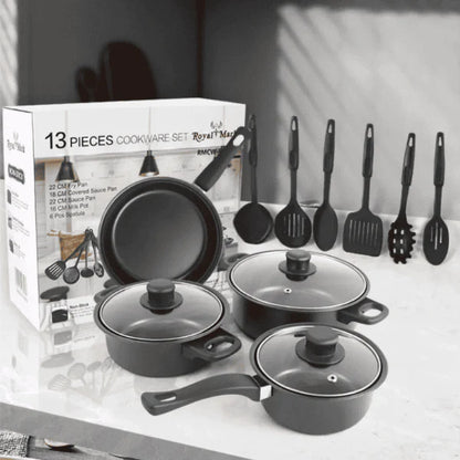 Set de 13 Piezas | 3 Ollas + 1 Sartén Antiadherentes + Utensilios 🔥